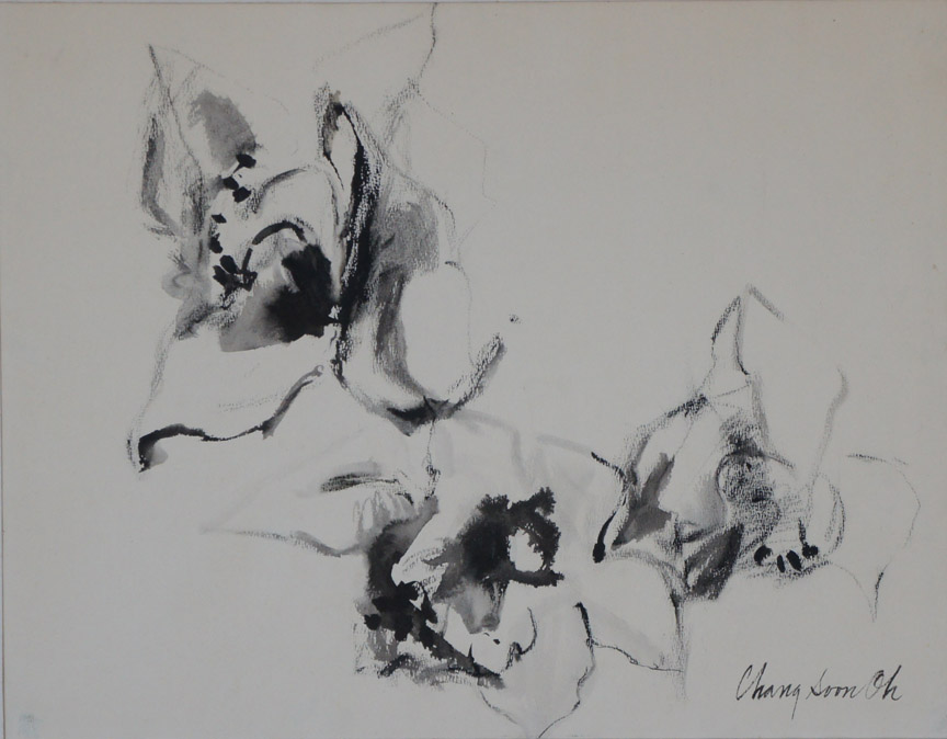 Orchid, Black Ink on Paper, Size: 23.75 x 17.5 inches